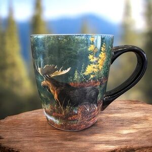 RARE RETIRED Bass Pro Shops “We all live downstream” Moose& Cabin Panoramic mug